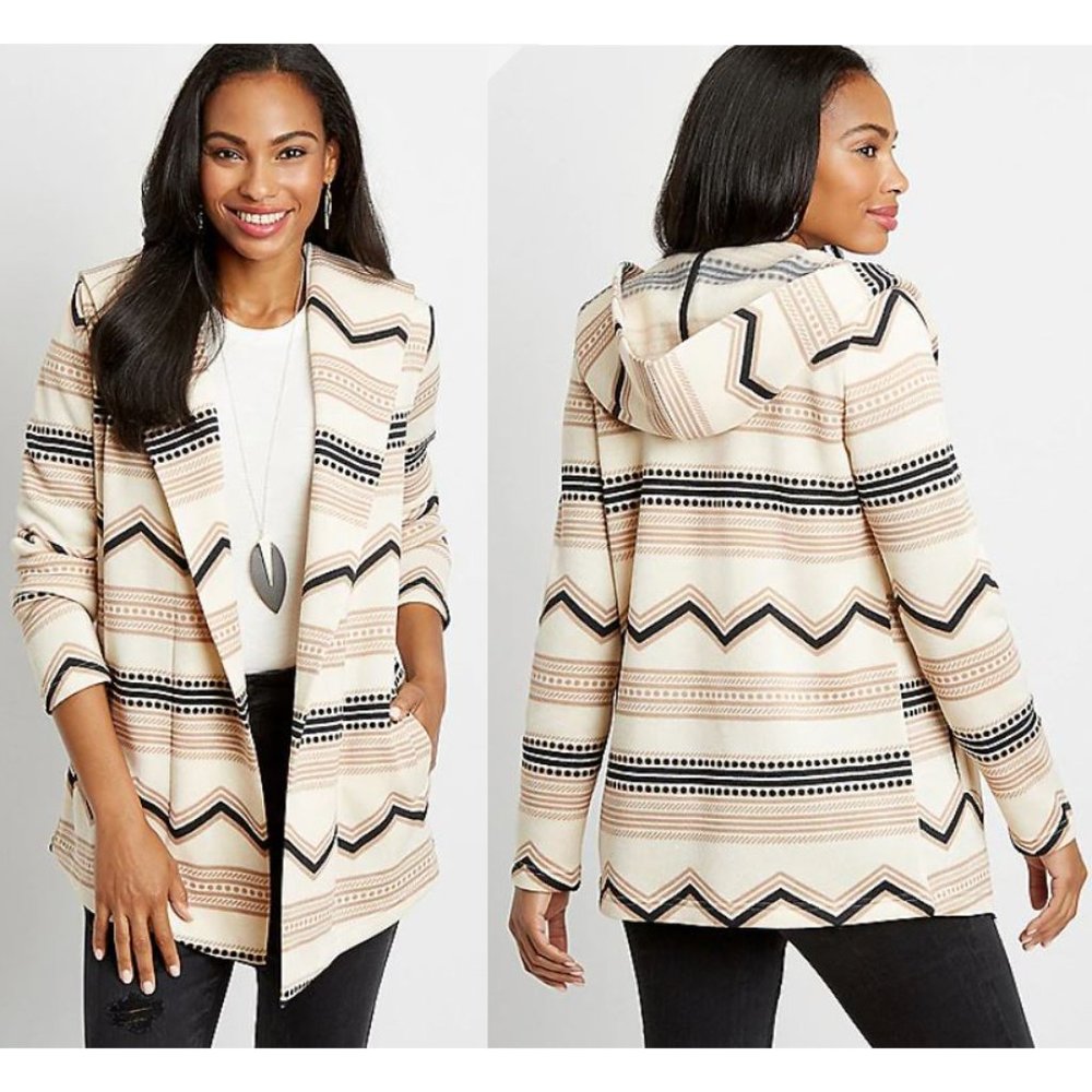 Mix Stripe Open Front Hooded Coatigan